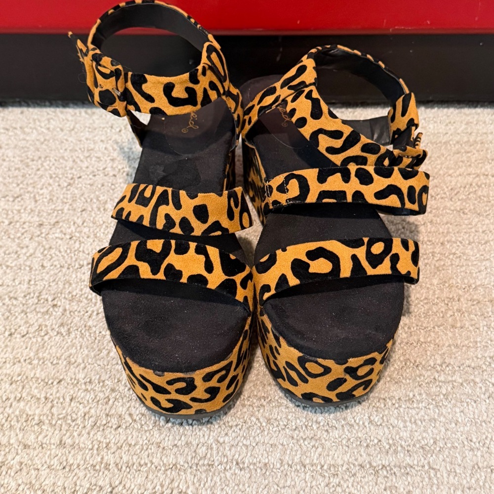 Qupid Leopard Print Platform Sandals Chunky Y2K Cheetah Wedge Strappy Heels